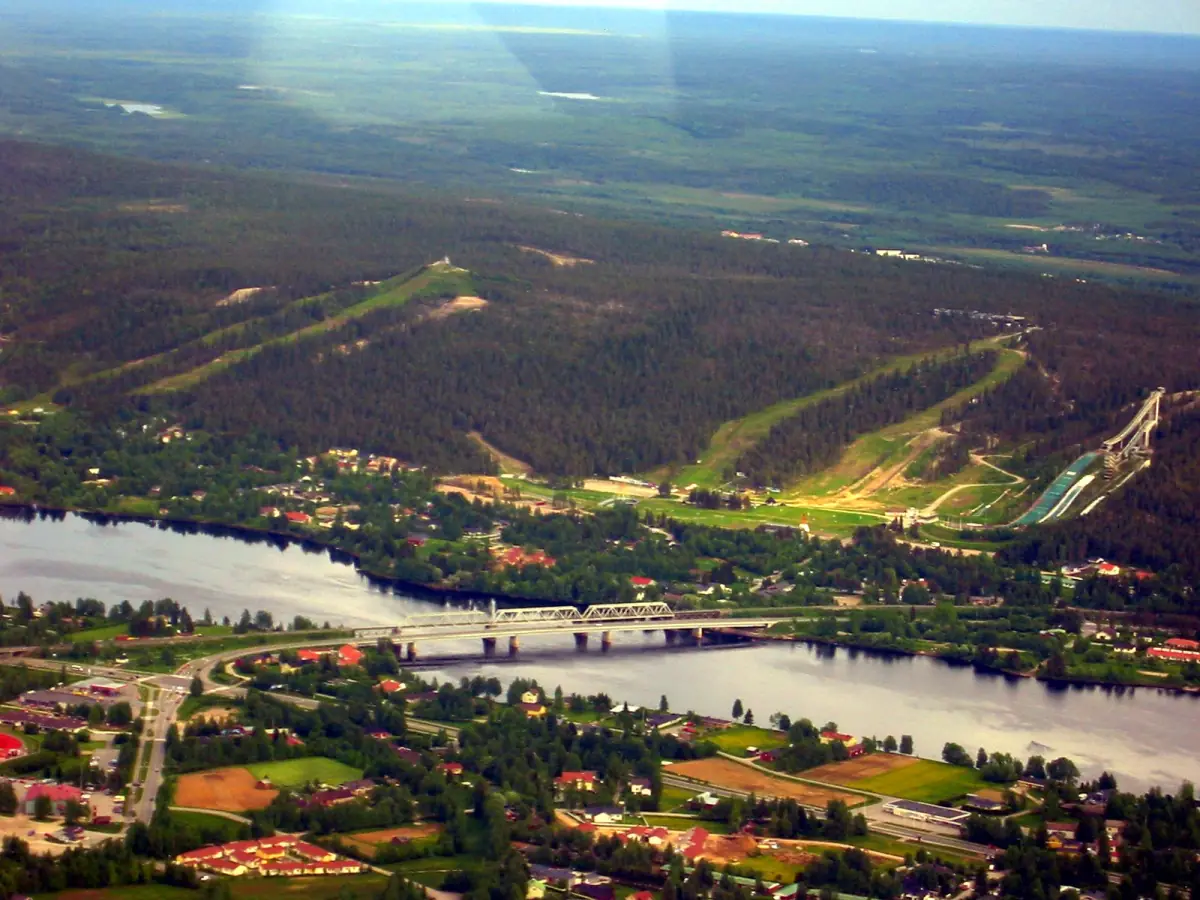Aerial view of Rovaniemi with Ounasvaara slopes, river and bridge