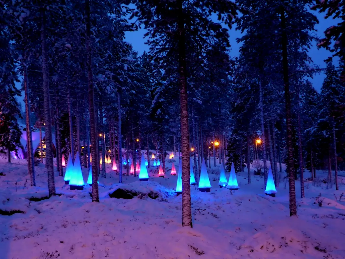 Winter forest with glowing blue and orange cone lights at SantaPark